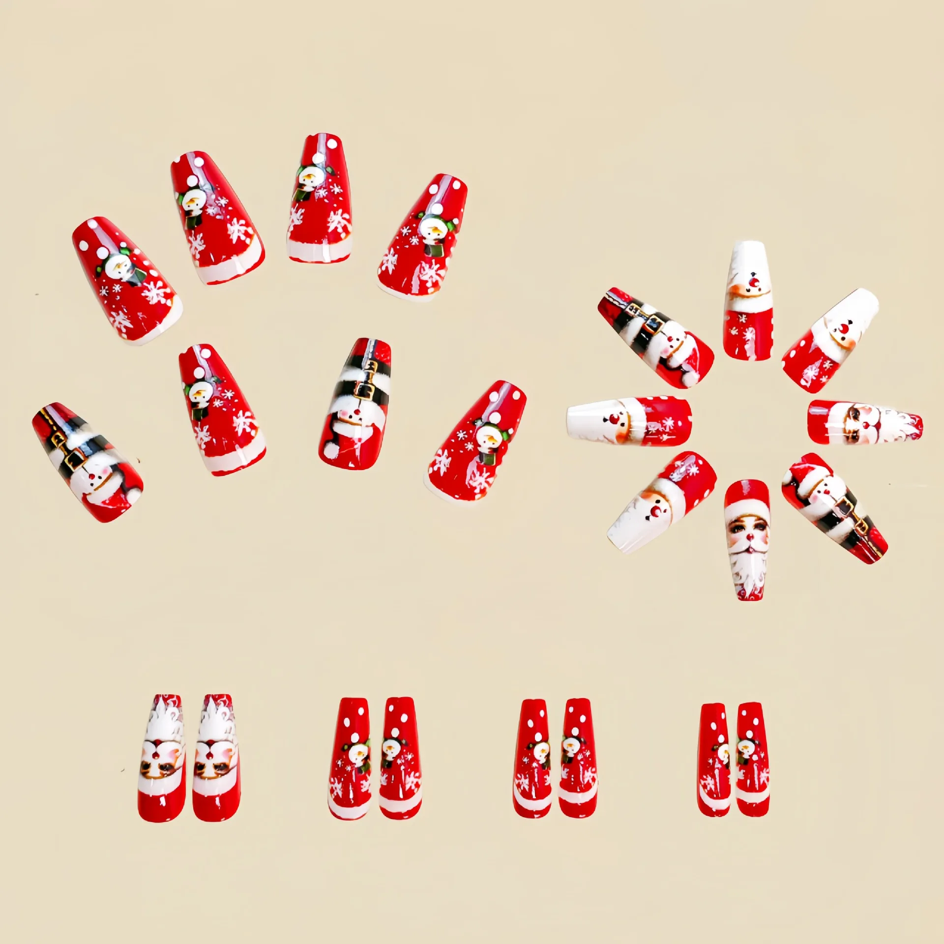 Merry Christmas Press on Nails Santa Claus Cute Snowman Elk Santa Claus Print Fake Nail Tips Wearable Long Coffin False Nails
