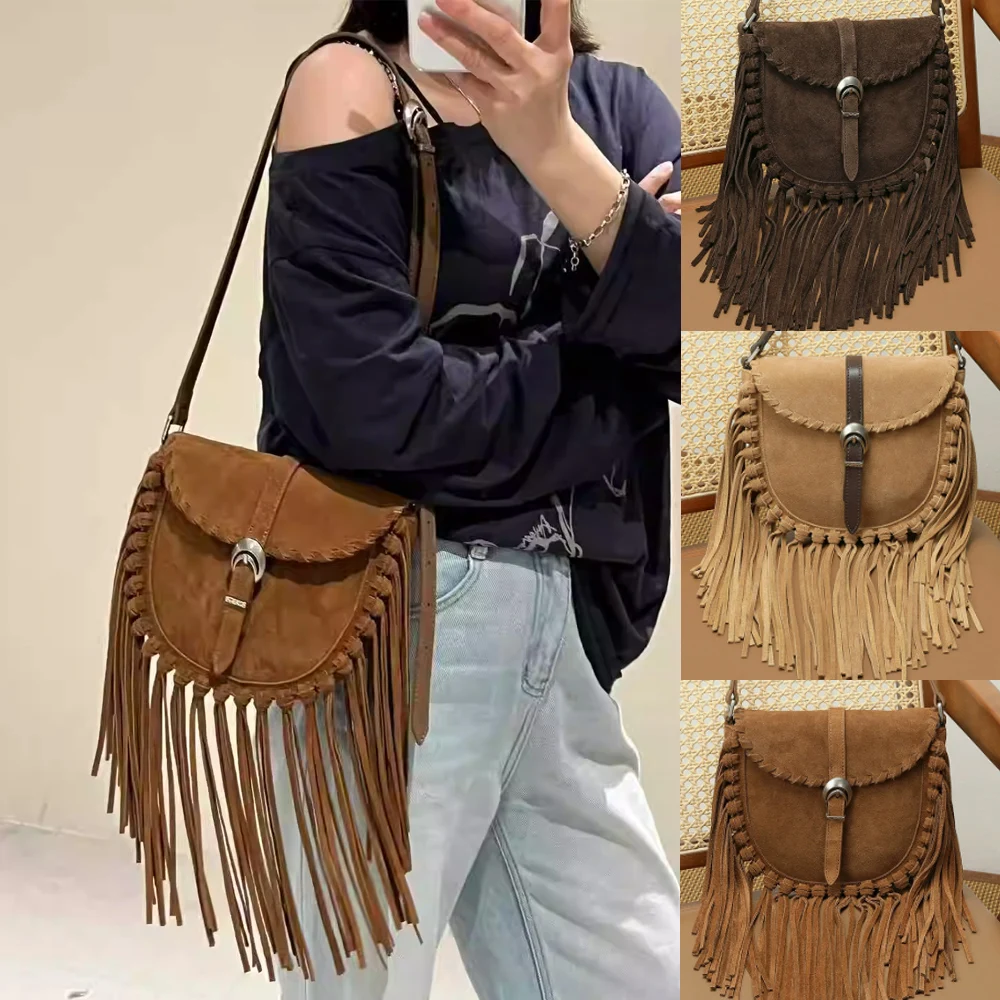 

Women Long Fringed Saddle Bags Suede Bags Genuine Leather Tassel Crossbody Bag Luxury Hand Bag Shoulder Bags Women's Saddle Bag