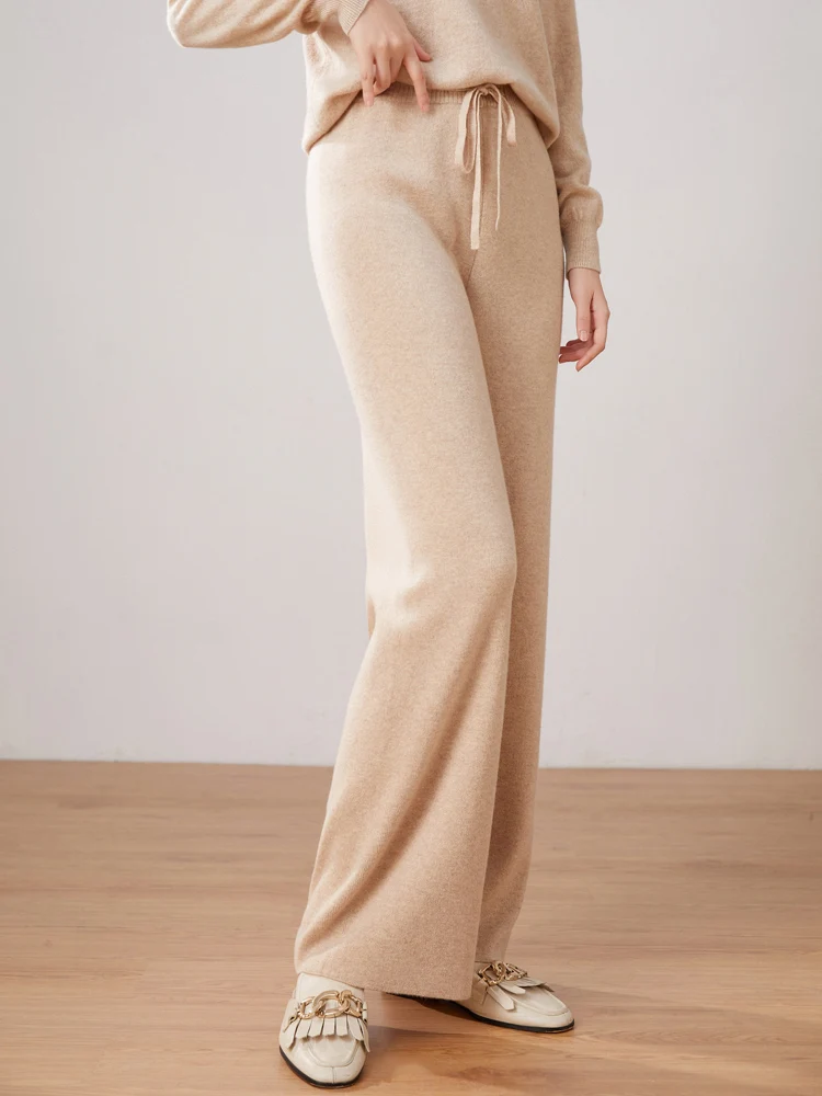 

Женские шерстяные широкие брюки, осень-зима, 100% мериносовая шерсть, теплые мягкие повседневные брюки с высокой талией, трикотаж, женские модные брюки