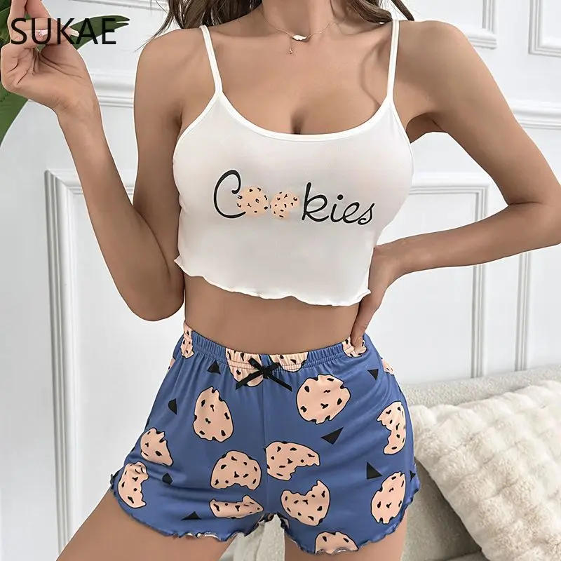 Lovely Cookies Female Sexy Lingerie Sleeveless Pijamas Summer HOT Spaghetti Strap Pajama Set for Women Milk Silk Tank Top Shorts