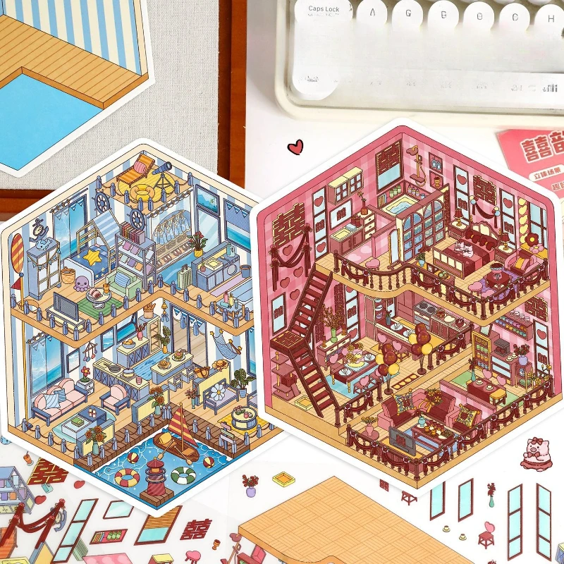 

Милый мультяшный 3D штабелируемый макет комнаты, наклейка сцены для детей, милый мультяшный креативный дизайн, пейзажная наклейка, милый подарок для детей