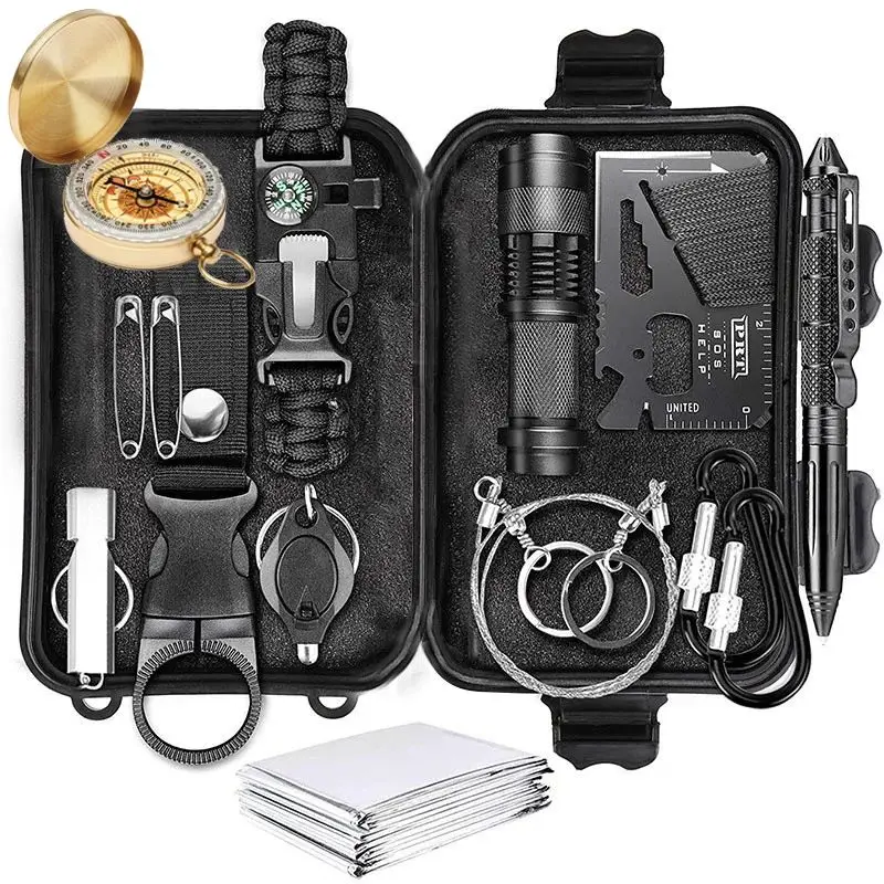 

14 pcs Outdoor Multifunctional Camping Equipment Survival kit Wilderness First aid kit SOS Emergency Supplies with Compass