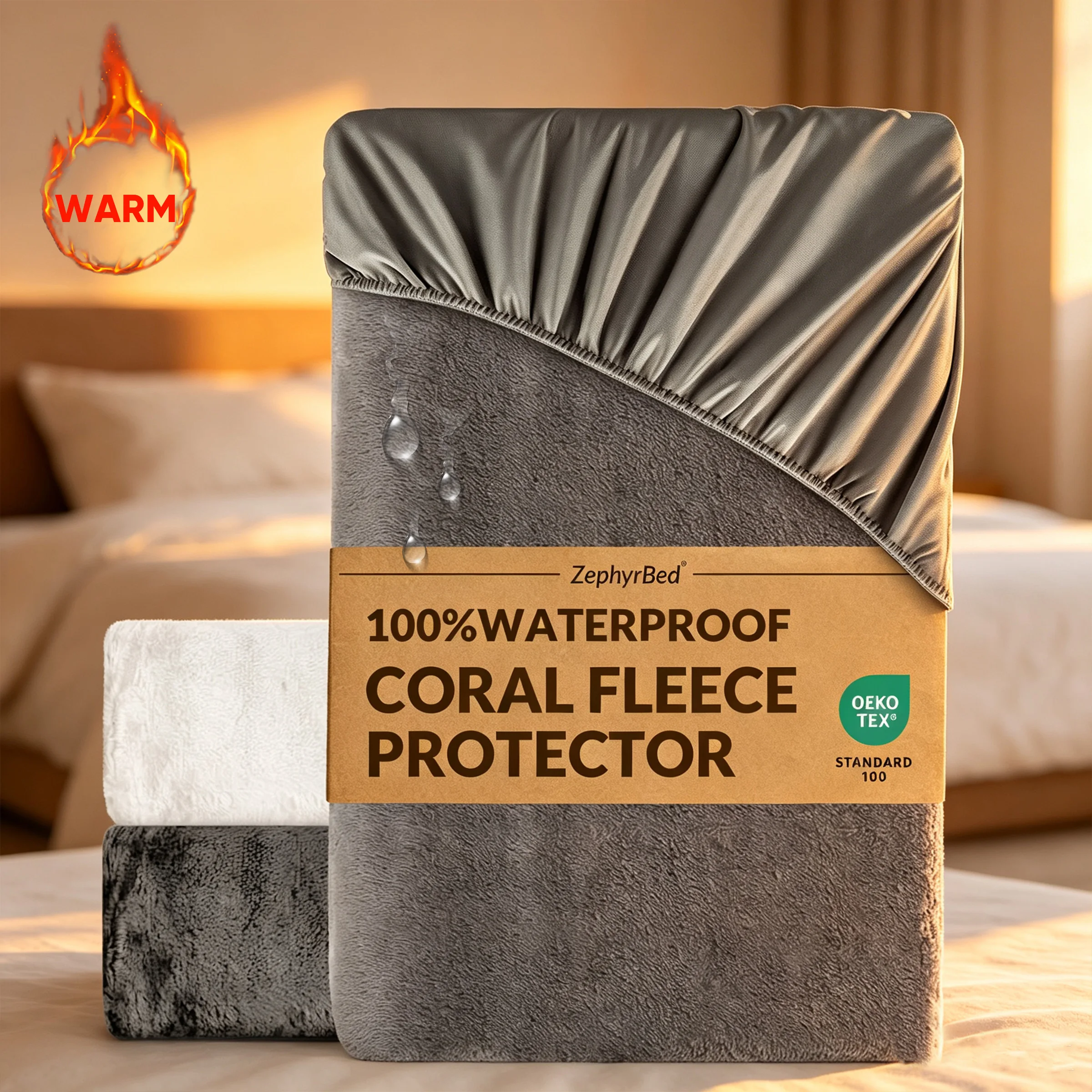 Thick Coral Fleece Waterproof Mattress Protector, Winter Warm Fitted Sheet, Breathable Washable, Fits up to 38cm Mattress