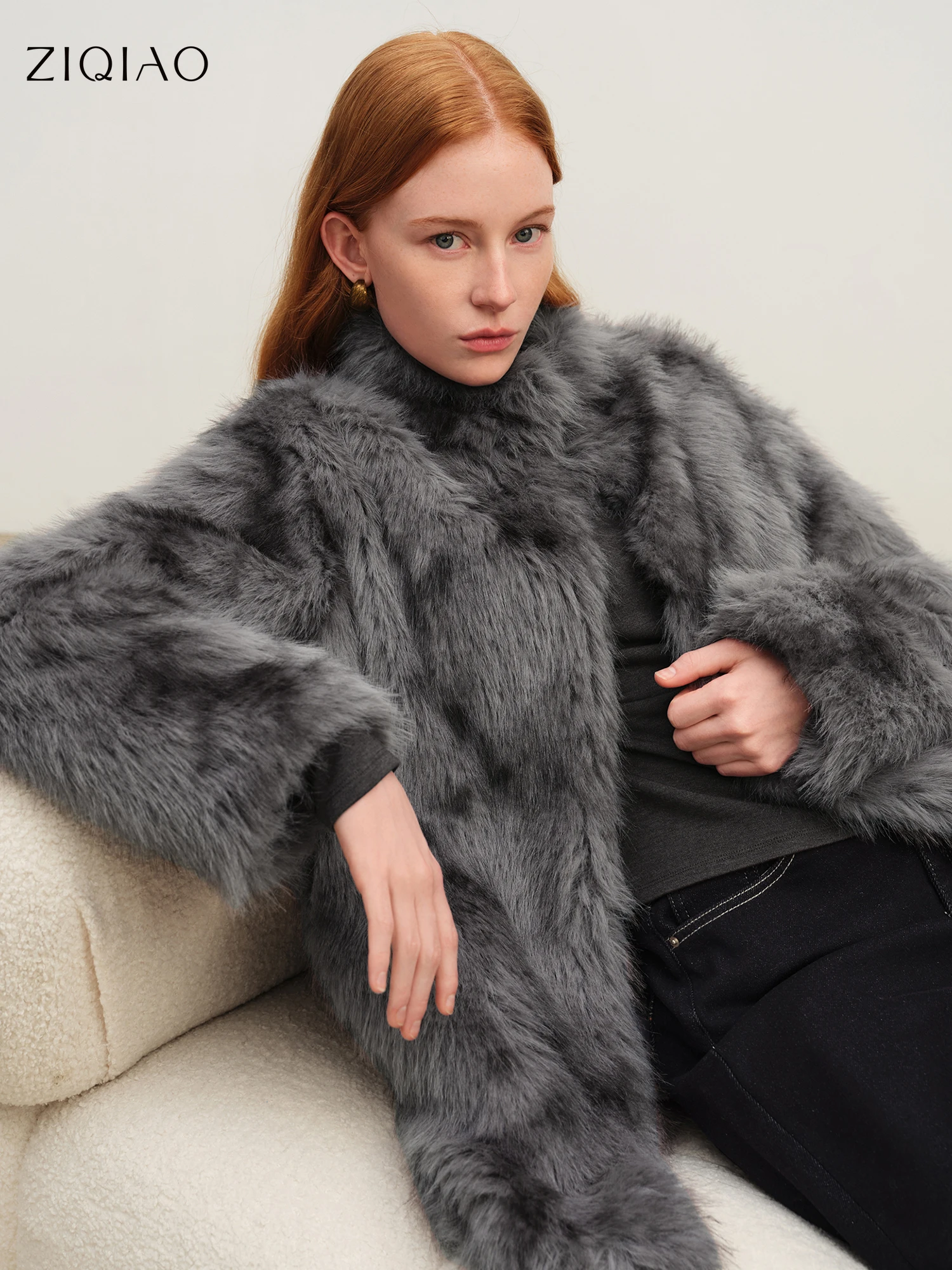 ZIQIAO 2025 Winter Women's Petite Mock Neck Short Hand Dyed Faux Fur Coat Cropped Plush Eco-Friendly Thick Teddy Jacket Chic
