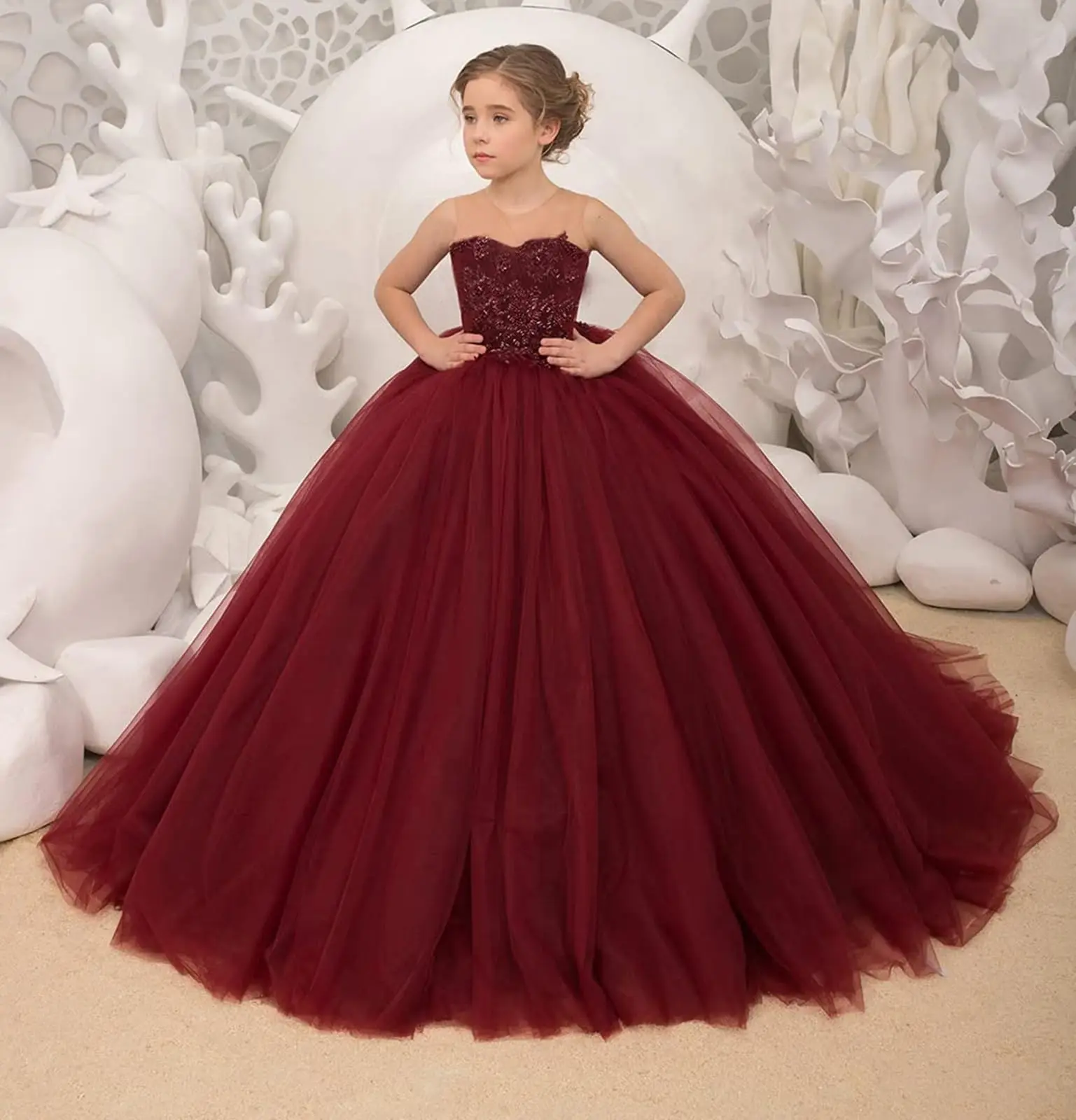 Girls Tulle Flower Girl Dress for Wedding Illusion Sheer Beaded Appliques Princess Pageant Dresses Long Kids Party Ball Gown