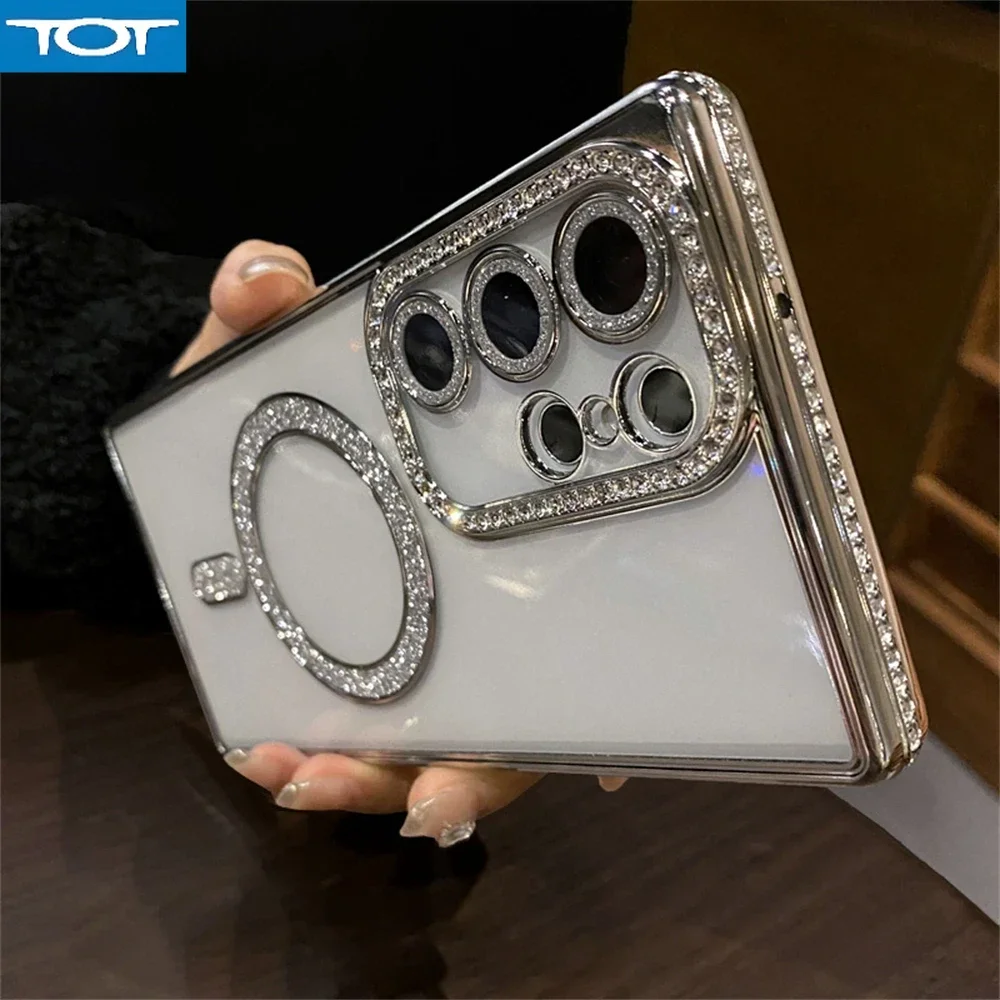 

Luxury Plating Diamonds Magnetic Case For Samsung S24 Ultra S23 S22 Clear Wireless Charging Shockproof Camera Protection Cover