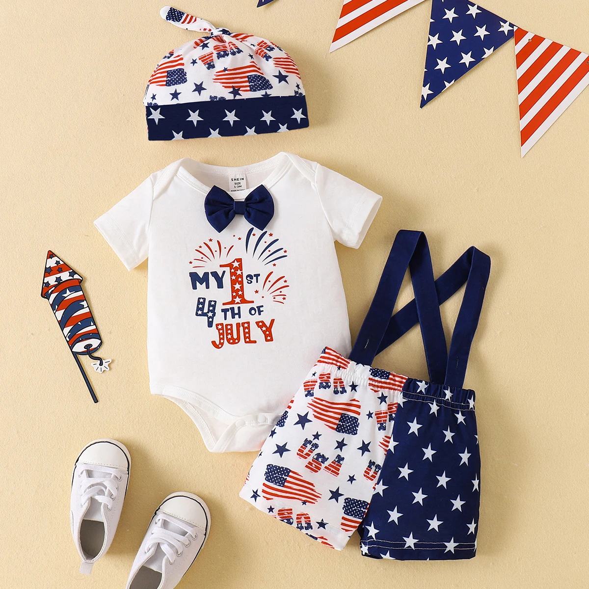 

Комплект из 3 предметов для ребенка 1–4 июля, наряд с принтом флага, боди и шапочка