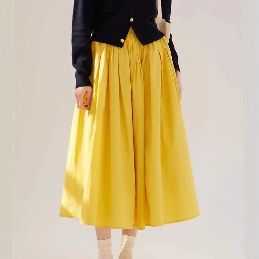 

2026 Yellow Half-length Skirt with Long Staple Cotton And Elastic Pleats A- Line Umbrella Skirt