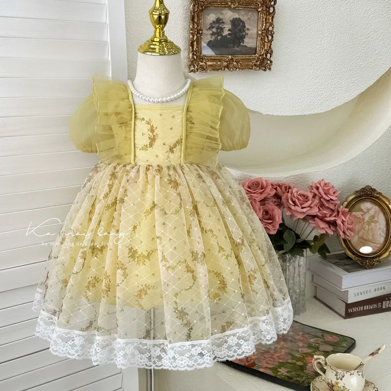 ZLXZ-Girls' Dress2024Summer New Small Floral Western Style Baby Girl Pastoral Style Dress Children Princess Dress