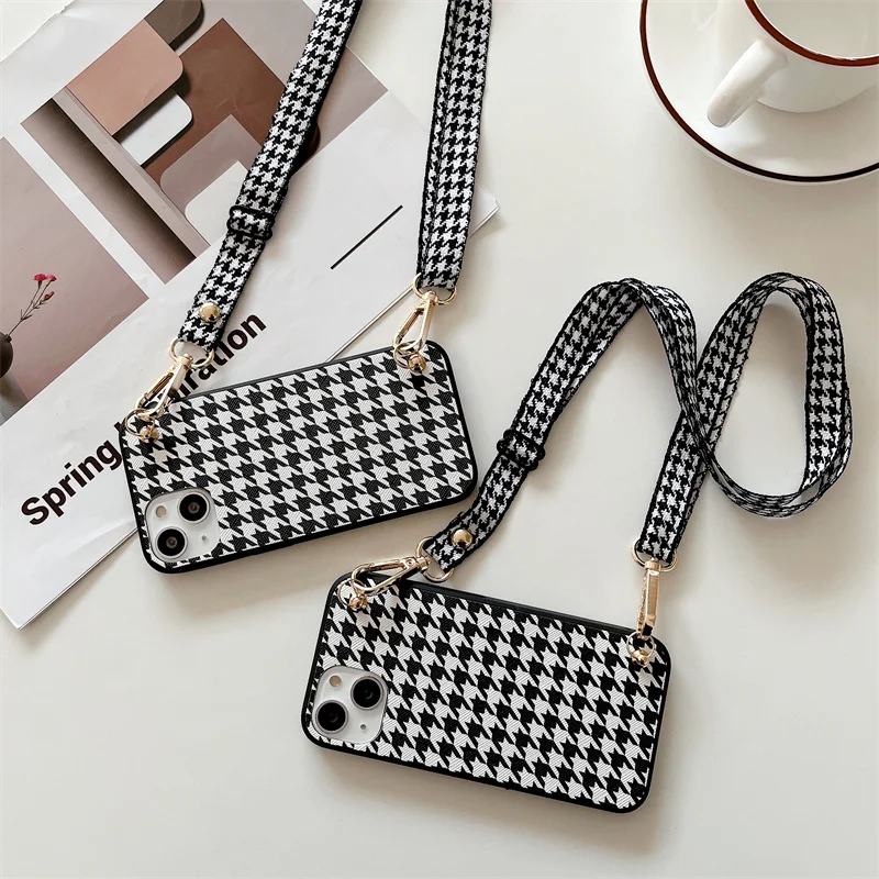 Fashion Crossbody Shoulder Strap Houndstooth Pattern Case for iPhone 14 Pro Max 13 Mini 12 11 X XR XS MAX 7 8 Plus Luxury Cover