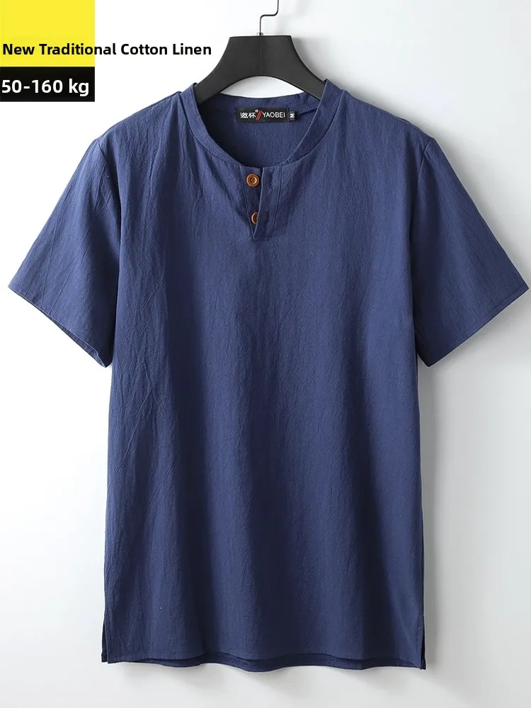 تي شيرت رجالي جديد بنمط صيني من القطن والكتان برقبة على شكل V وأكمام قصيرة، مقاسات كبيرة، مناسب لممارسة التاي تشي، أزياء شارع... #2