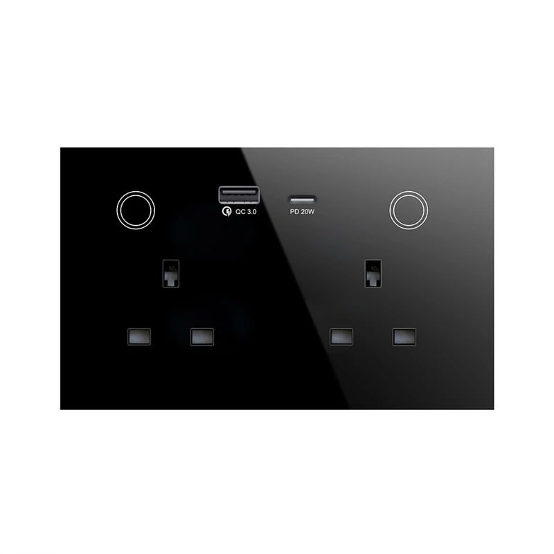 New UK Standard Touch Glass Panel Zigbee Smart Socket Double Wall Mount Outlets With USB Type -C PD 20w Charge