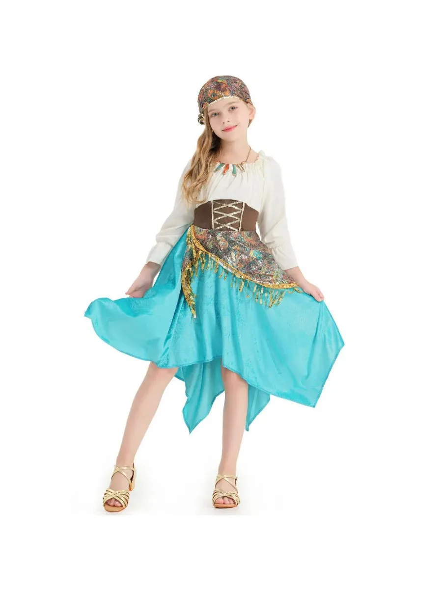 

Gypsy Girl Sky Blue Irregular Skirt Heavy Sequin Lace Dance Dress Flamenco Performance Cosplay Halloween Dresss