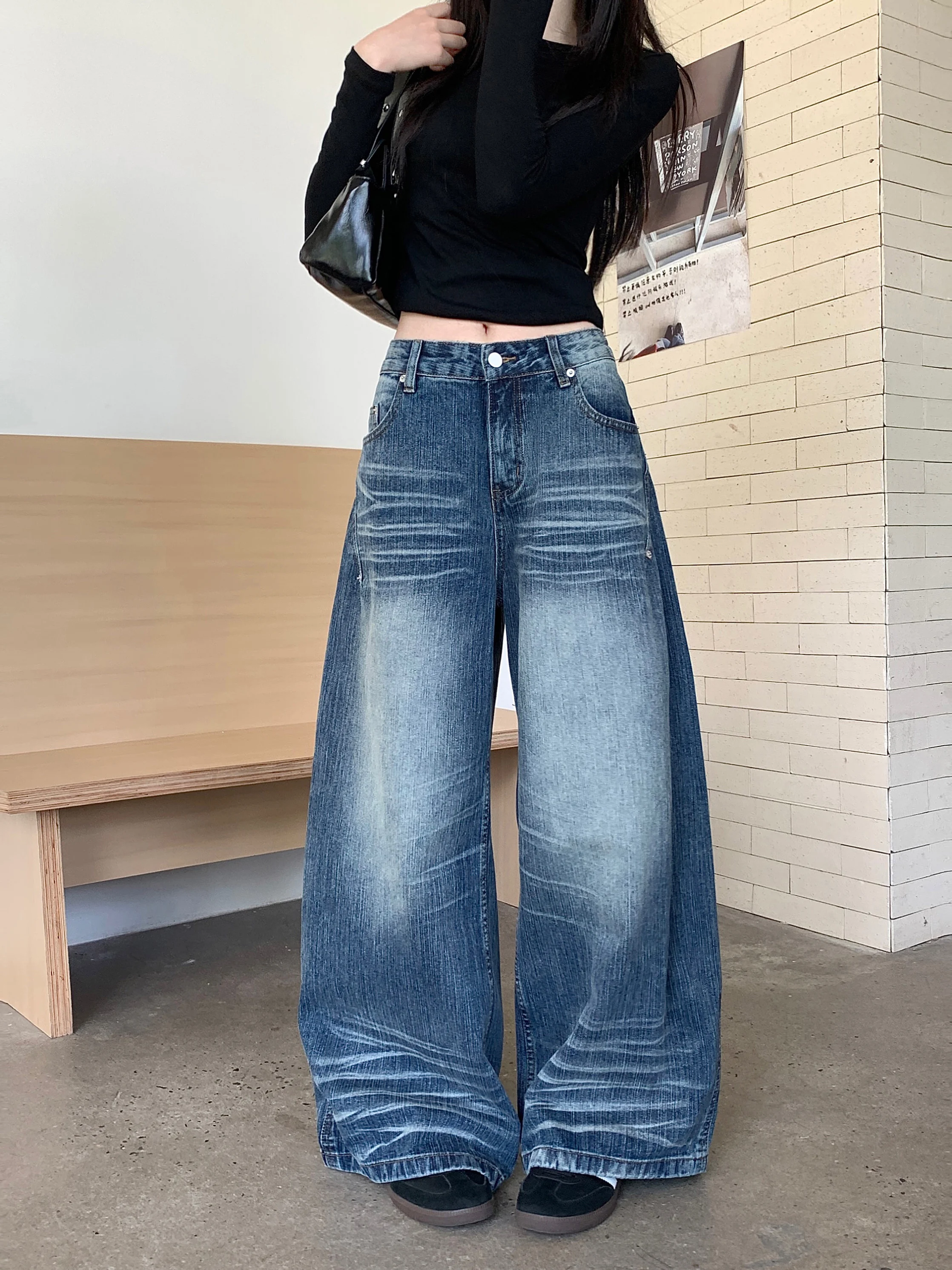 

Retro Washed Blue Jeans Women's Loose Wide Leg Pants Floor-Length Pants Spring Slimming Effect Vintage Style Natural Waist