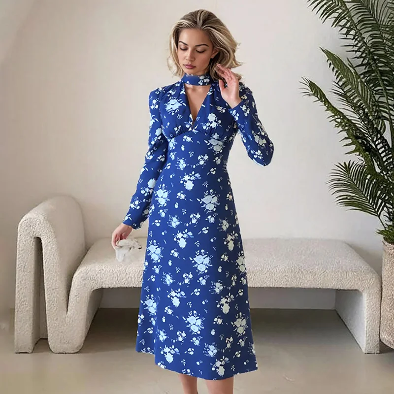 

Ticketsx Autumn V-neck Printed Long Sleeve Dress Blue High Waist Slim Floral Dress Scarf Bibbon Vintage Party Clubwear Female