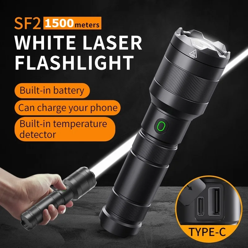 SF2 White Flashlight LEP 1500 Meter Built in 21700 Battery Type C Rechargeable Tactical Military Search Flashlight as Power Bank