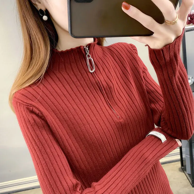 Women's Autumn and Winter New Slim Fit Sweater with Zipper Inside Half High Neck Knitted Sweater Short Top