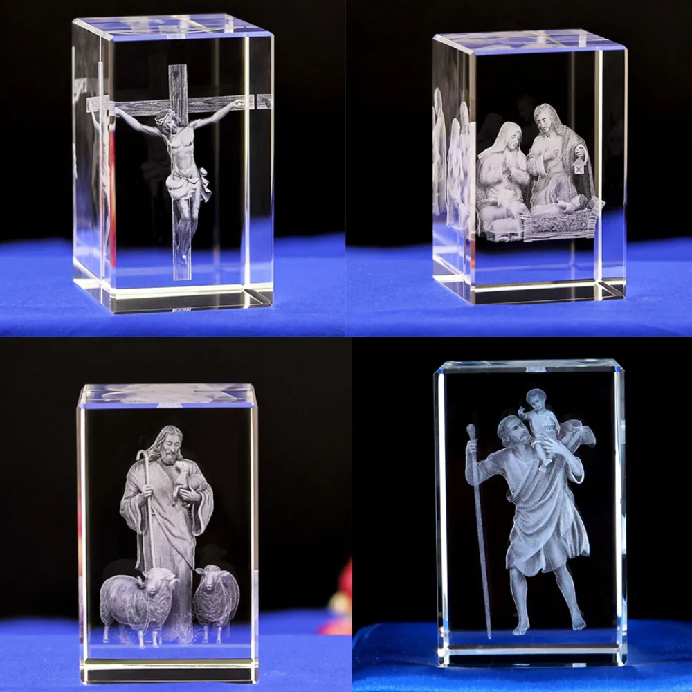 Mini K9 Crystal 3D Laser Sculpture Cube christian Jesus Cross Virgin Mary credenze religiose Office Desk Car Home Decor Crafts