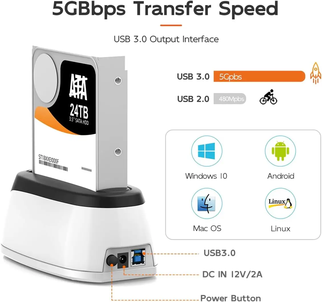 محطة إرساء القرص الصلب MAIWO USB 3.0 إلى محول SATA لصندوق قارئ HDD SSD 2.5 3.5 بوصة يدعم 24 تيرابايت