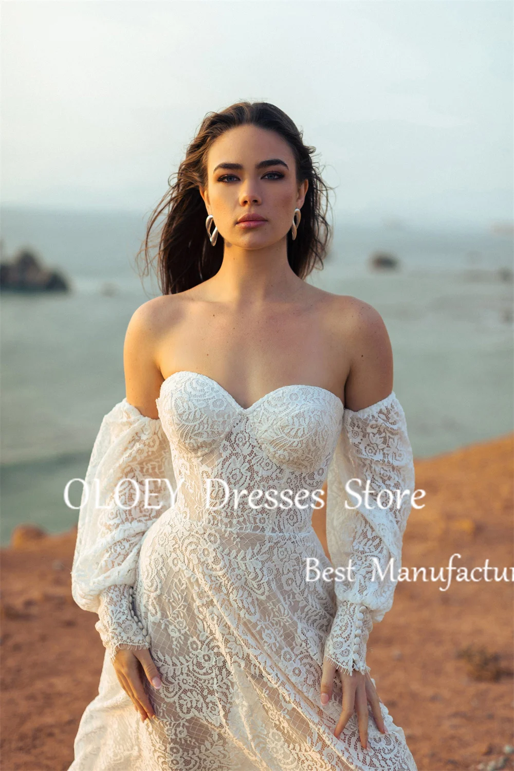 OLOEY Sweetheart Ivory A Line Lace Wedding Dress With Detachable Sleeves Outdoor Photoshoot Bridal Gown Floor Length Custom Made