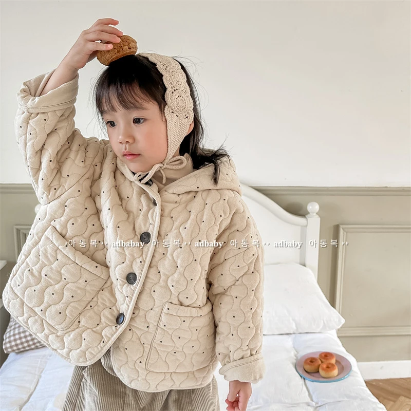 

Baby Warm Single Breasted Tops Girls Comfortable Plush Warm Outwear Kids Ribbed Coat Boys Children Casual Dot Hooded Down Jacket