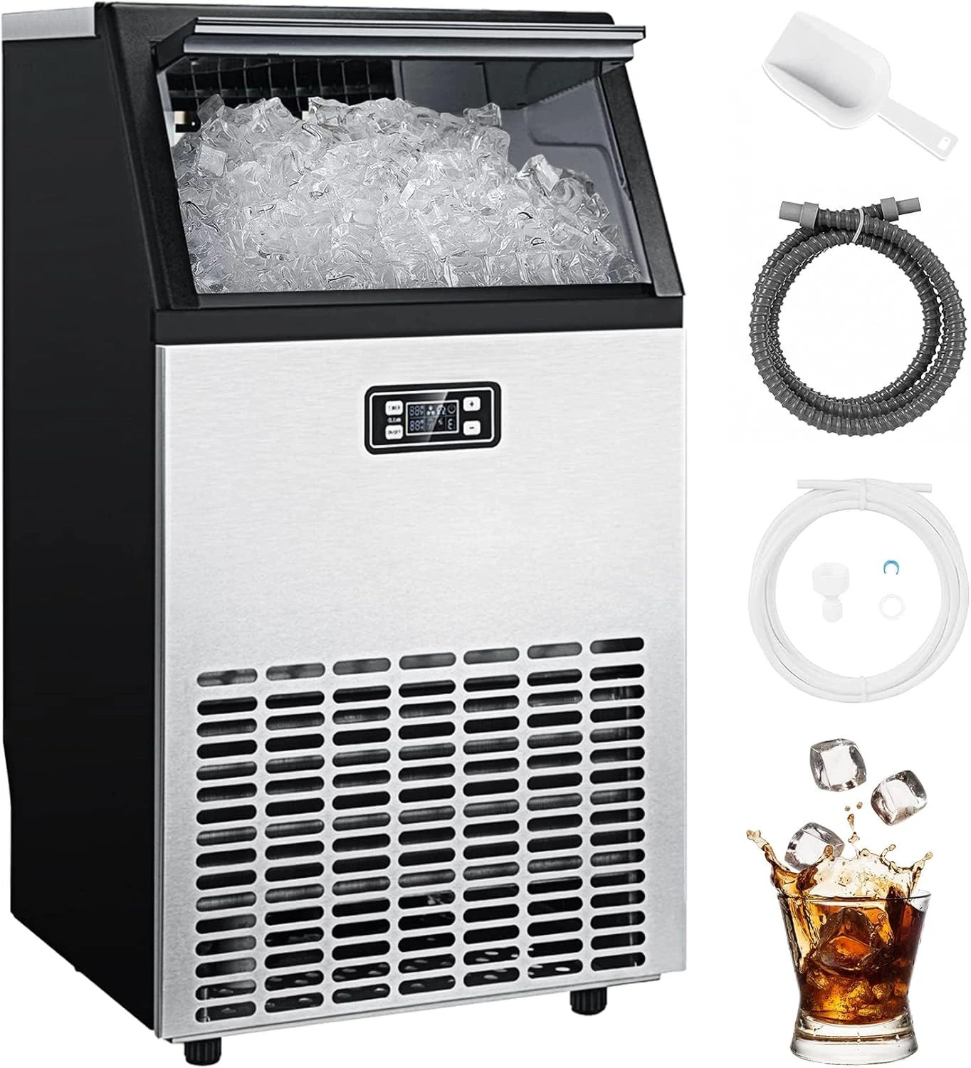 Silonn Commercial Ice Maker Machine, Creates 100lbs in 24H, 33lbs Ice Storage Capacity, Stainless Steel Freestanding Ice Maker w