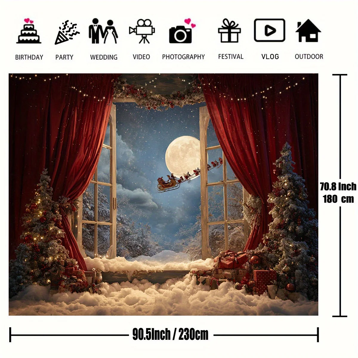 Płaszczyzna 2D, 1 duże okno, śnieżna zimowa scena świąteczna z saniami Świętego Mikołaja, księżycem i migoczącymi światłami - drzwi