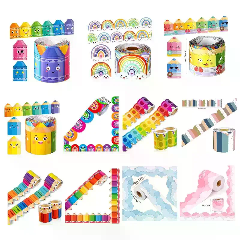 1Roll Self Adhesive Rainbow Pencil Edge Stickers Chalkboard Bulletin Board Border Paper 3inch Border Classroom Decors