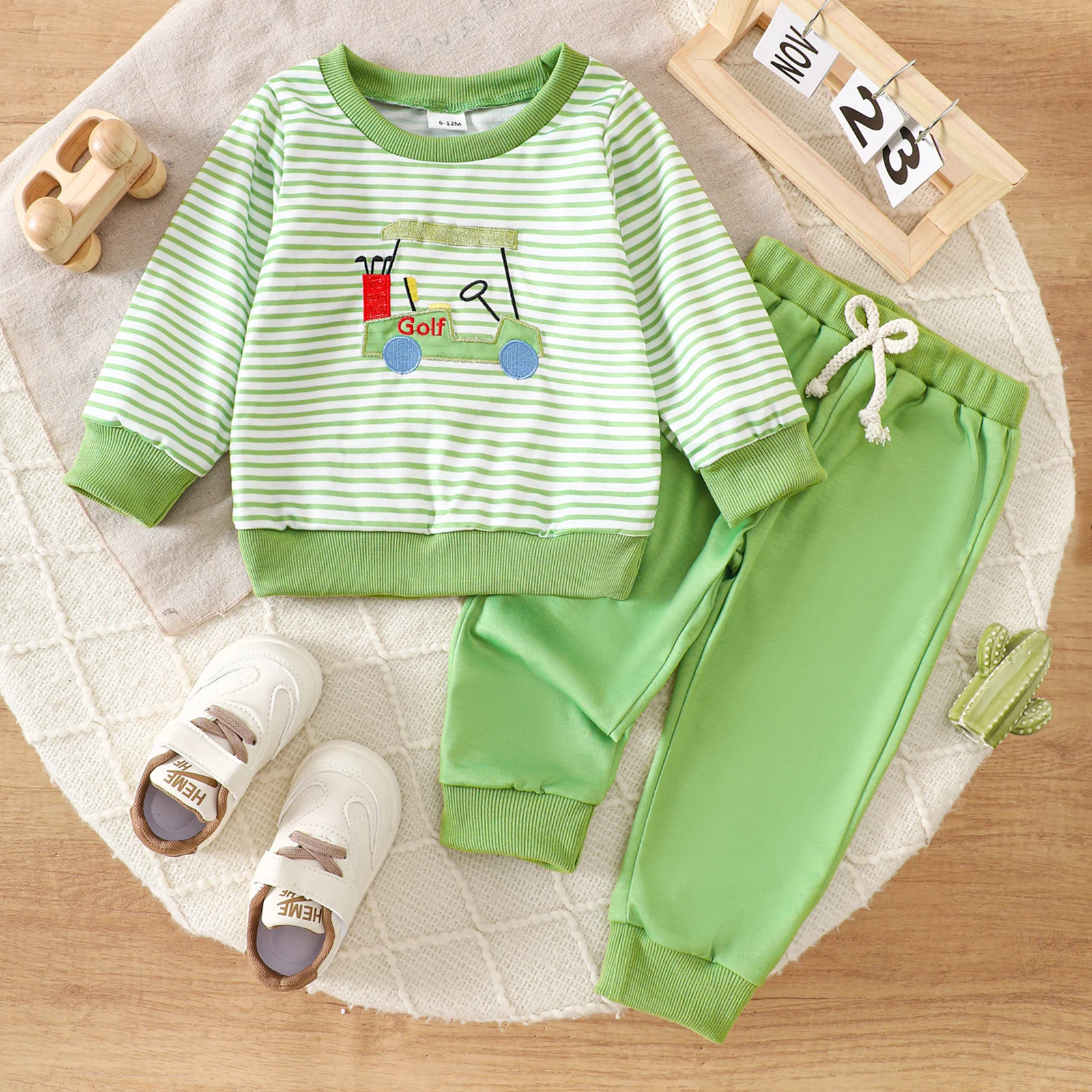 

Tregren Toddler Baby Boy Golf Outfit Striped Cart Long Sleeve Sweatshirt and Solid Color Elastic Waist Pants Set Fall Clothes