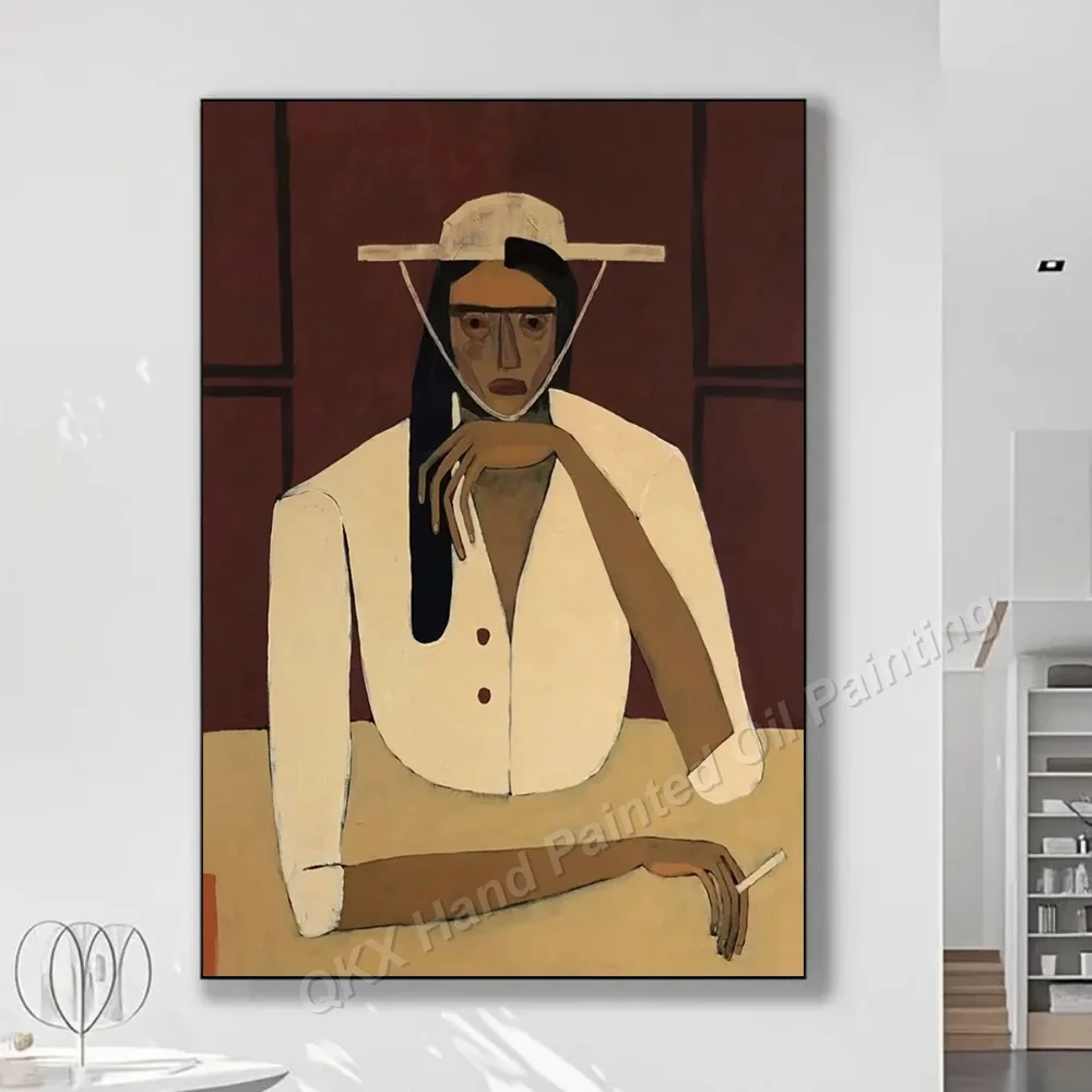 Hand-Painted Oil Painting on Canvas Wall Art Decor for Living Room, Mid-Century Cubist Hat Lady Portrait Vertical Canvas Art