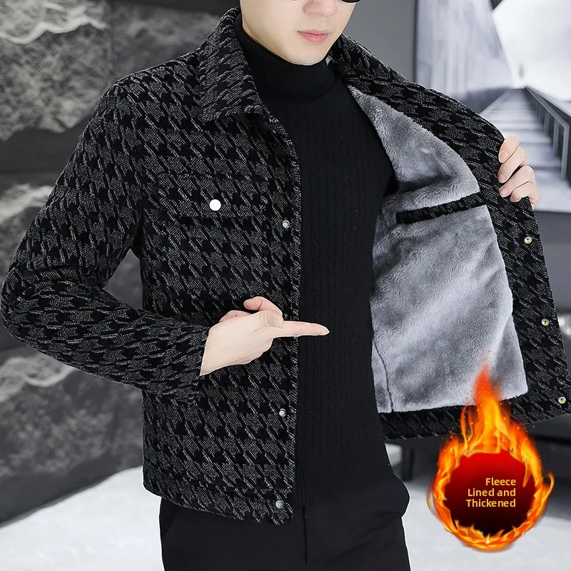 

Thiened Fce Lined Woolen Plaid Jaet for Young Men Warm Sli Slim Fit Autumn Winter Faion Ci Sle Single Button...