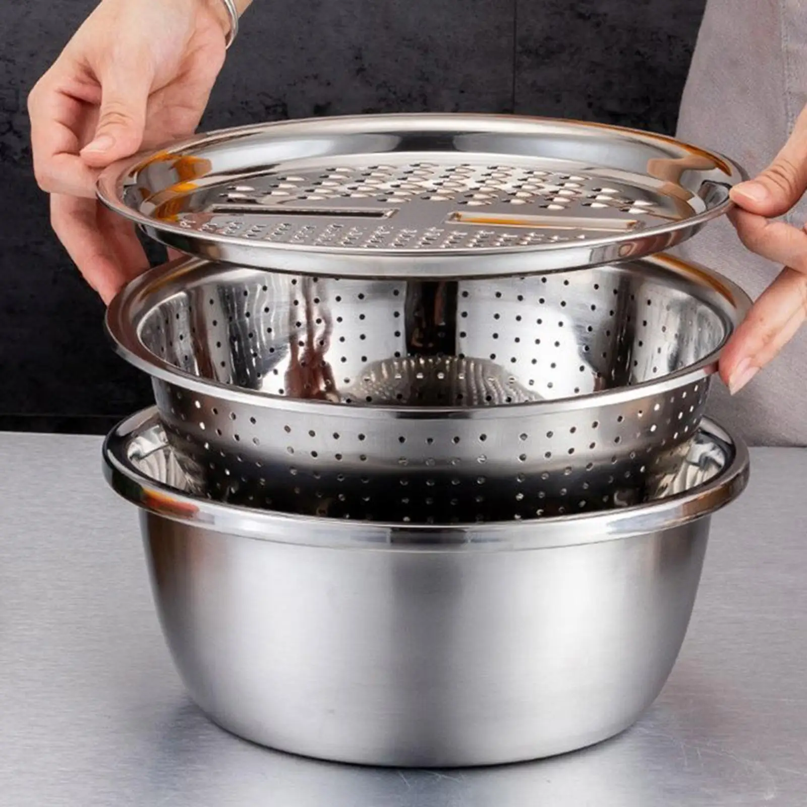 Bac en acier inoxydable de qualité alimentaire avec râpe et panier de drainage, coupe-légumes julienne, gadget de cuisine pour fruits et légumes verts