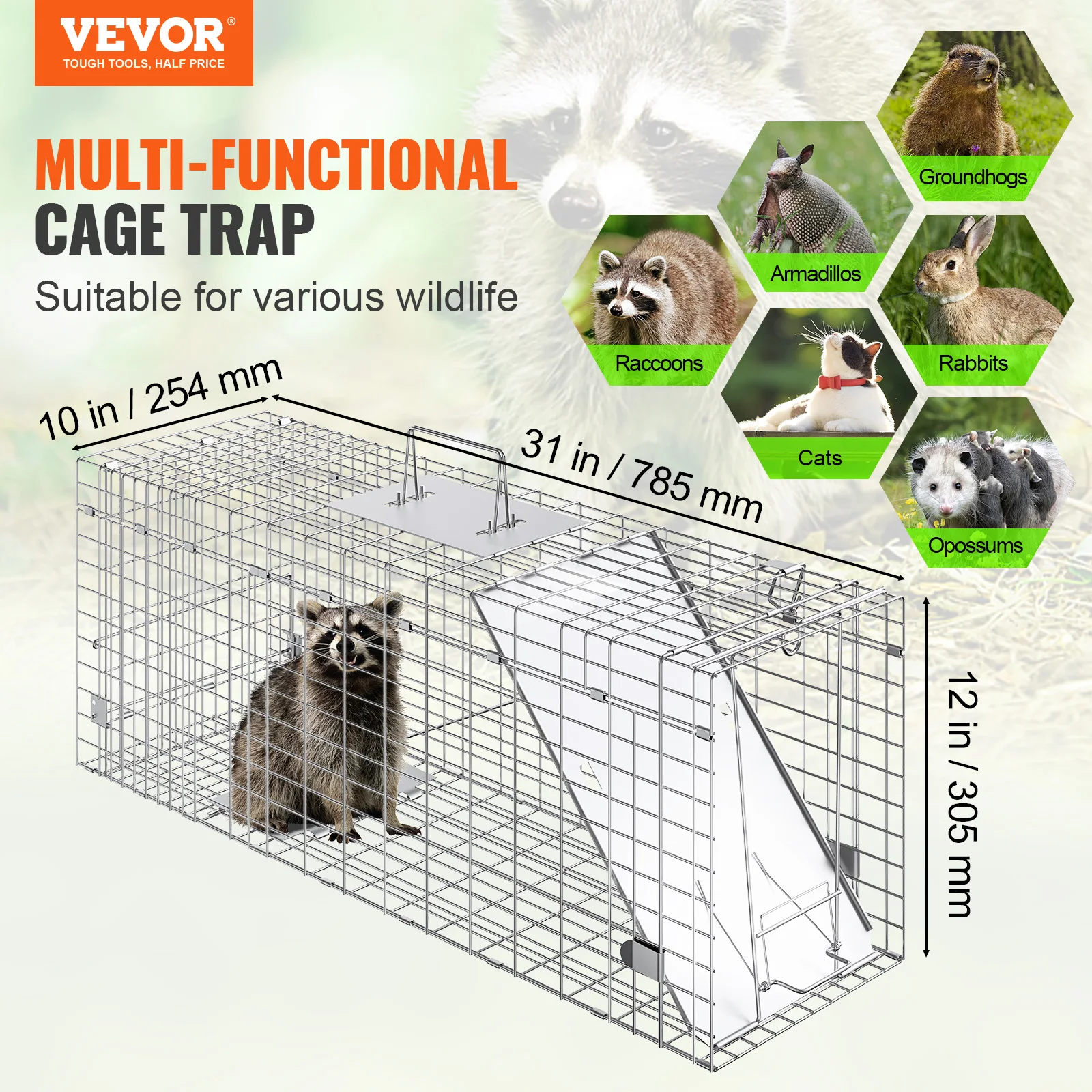 VEVOR 24/31/42/50in Live Animal Cage Trap Folding Humane Cat Trap Galvanized Iron with Handle for Rabbits Squirrels Groundhogs