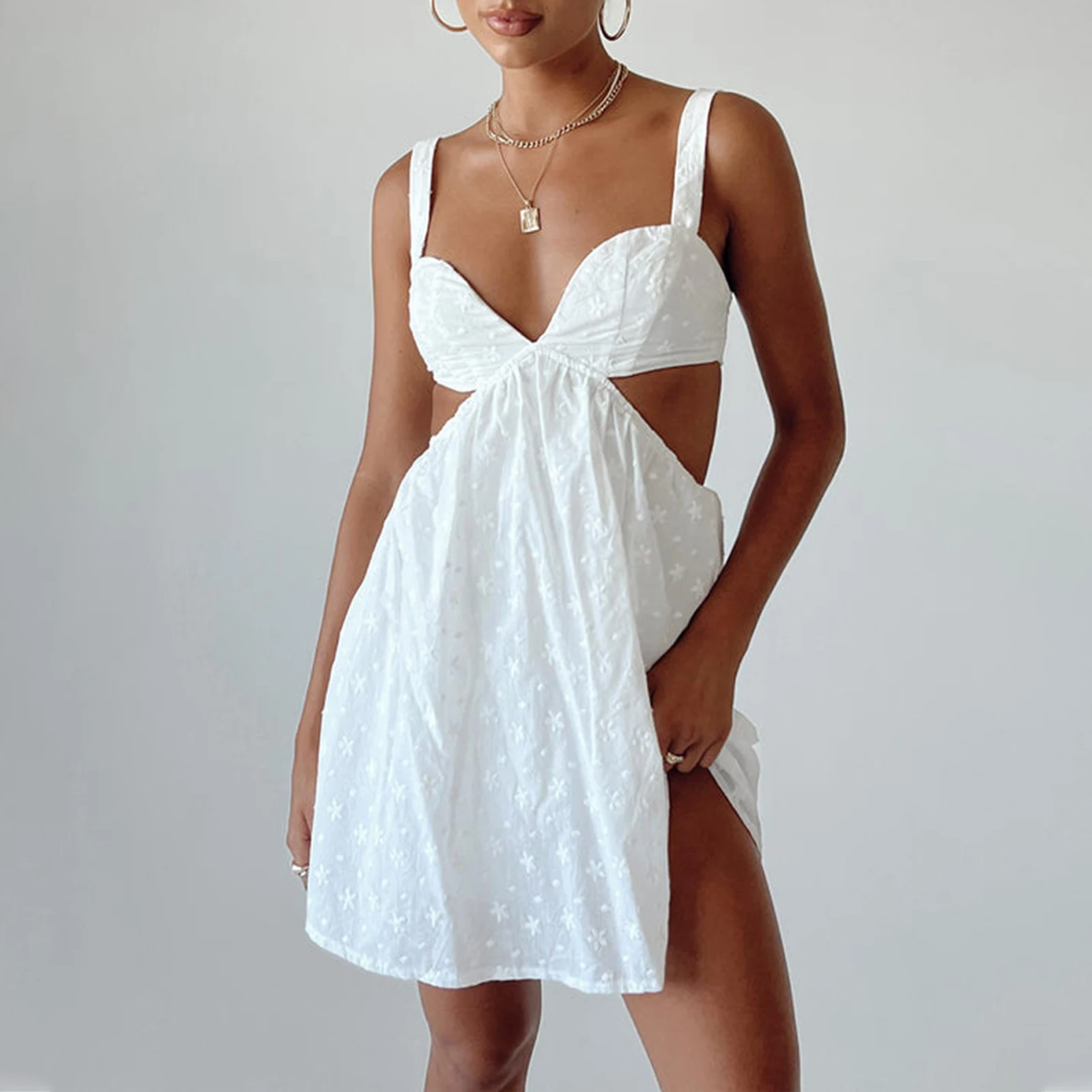 

Gaono Y2k Fairycore Kawaii Women Slip Mini Dress Sleeveless Backless Hollowed Flower A-line Dress Summer Short Dress vestidos