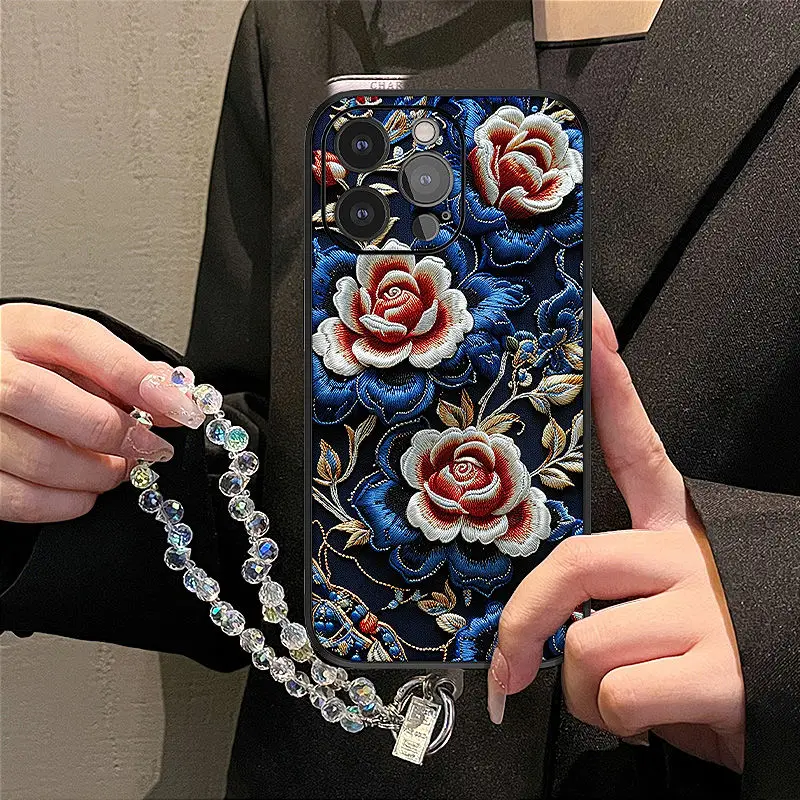 

Imitation Leather Material Embroidered Rose for Phone Case for iPhone 16 Promax 15 14 13 12 11 with Crystal Bracelet