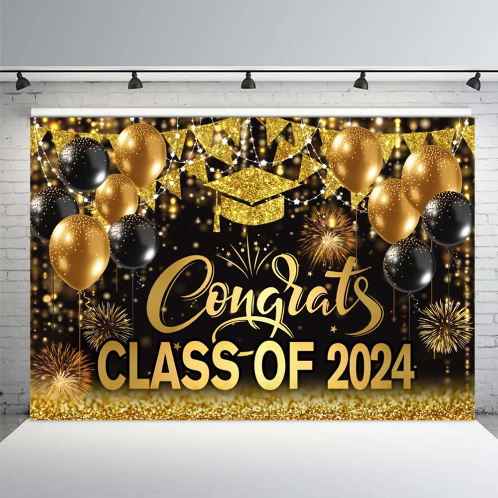 2024 Happy Graduation Backdrop Glitter Balloon Bachelor Cap  Grad Class of Graduates Party Photography Background Decor