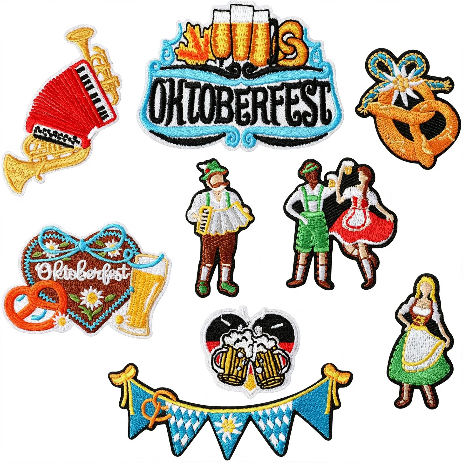 1Pcs Retro Oktoberfest Embroidery Patches,Iron on Bavarian Beer Pretzel Accordion Appliques for DIY Bags  Appliques for Clothing