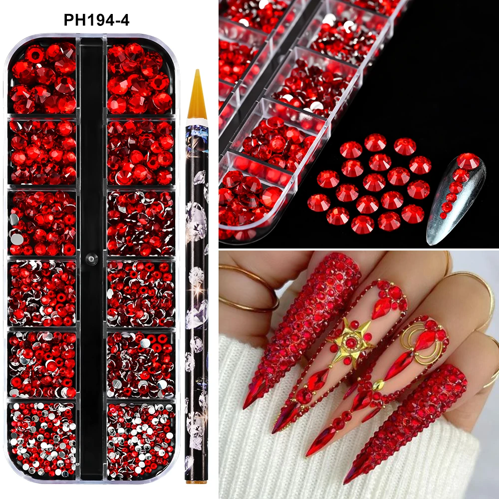 Strass de luxe rose pour nail art, 12 grilles/boîte, 1pc avertir les points, stylo diamant, ensemble de cristaux, 950-1020 pièces, ata xes-taille, pierre rose