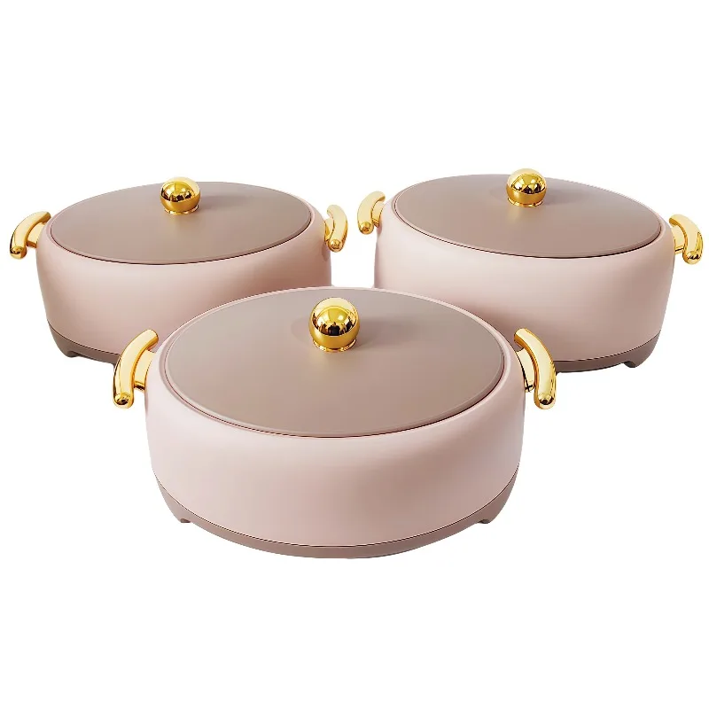 3-Piece Insulated Food Warmer Set with Golden Handle - Modern Hot Pot Bowl with Lid for Buffet and Family Meals
