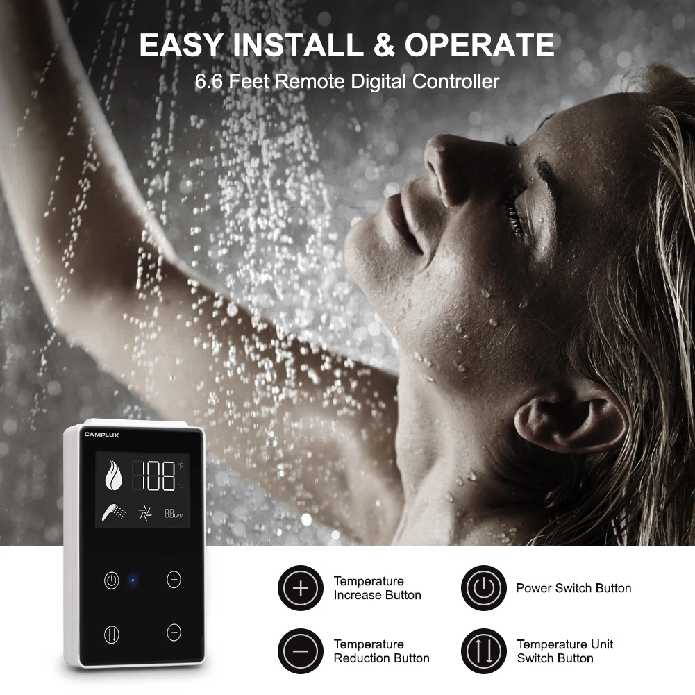 Chauffe-eau CAMPLUX RV 65,000 BTU RS264B Chauffe-eau sans réservoir pour camping-car Max 3,9 GPM en demande avec télécommande et porte RV noire