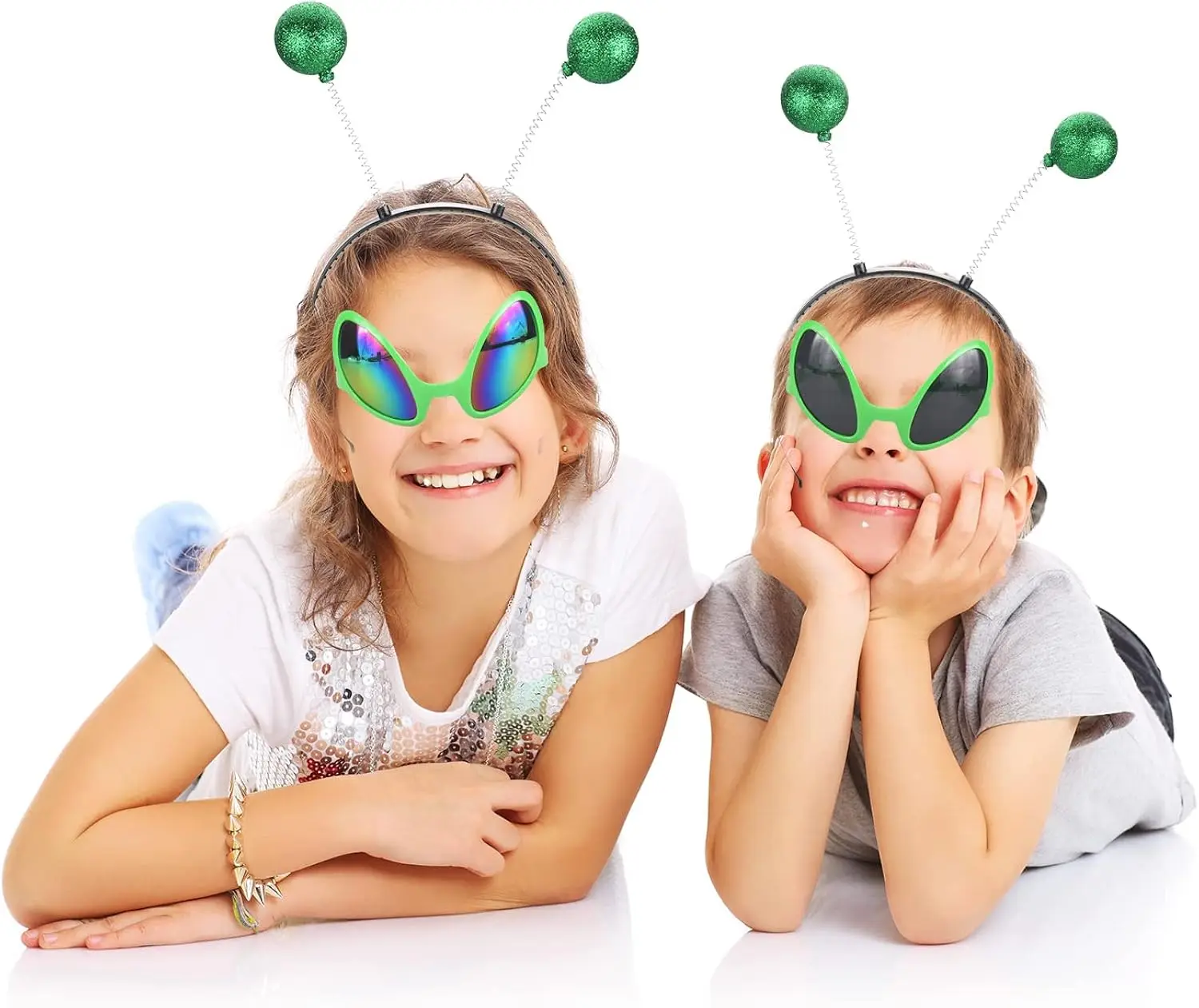  4 Pieces Alien Costume Accessories 2 Pieces Alien Glasses with 2 Pieces Martian Antenna Headband Boppers for Alien Party