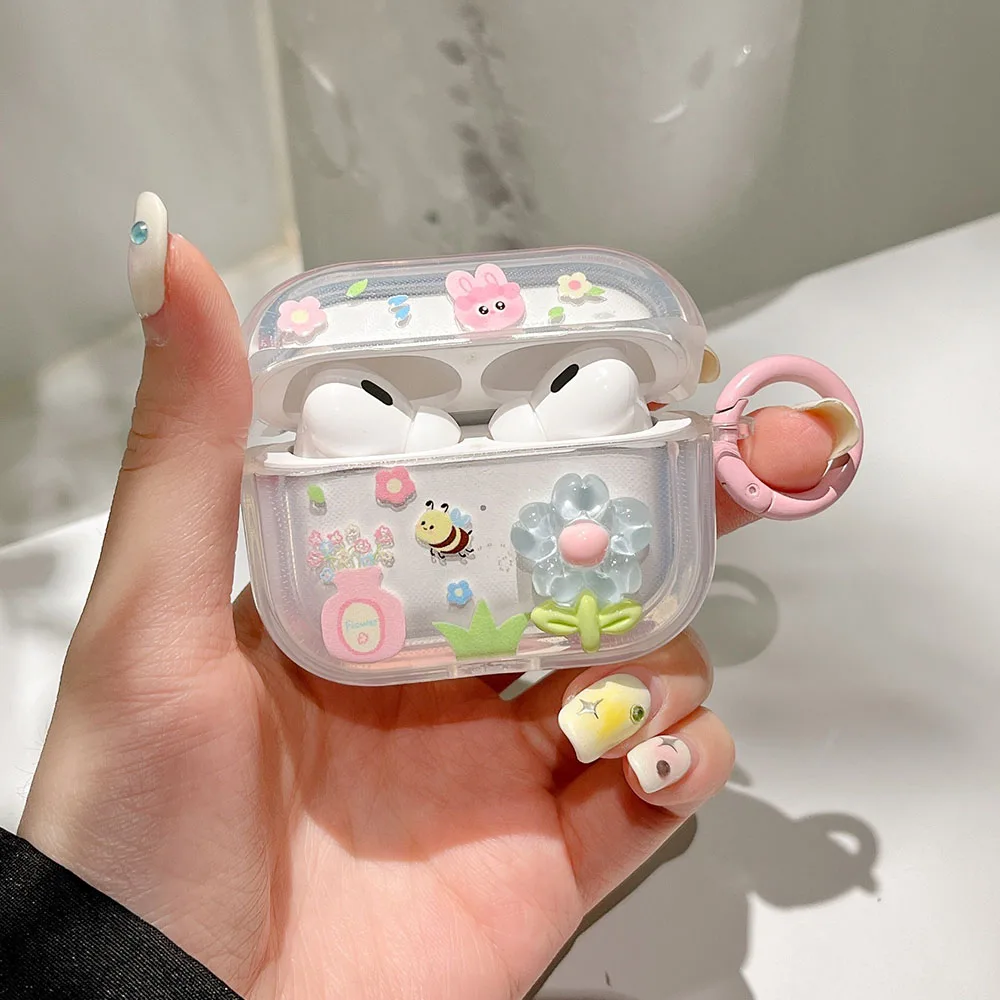 Simpatica custodia per auricolari 3D Fresh Flower Bee per AirPods Pro 1 2 custodia TPU trasparente per Airpods 3 custodia per cuffie Bluetooth con portachiavi