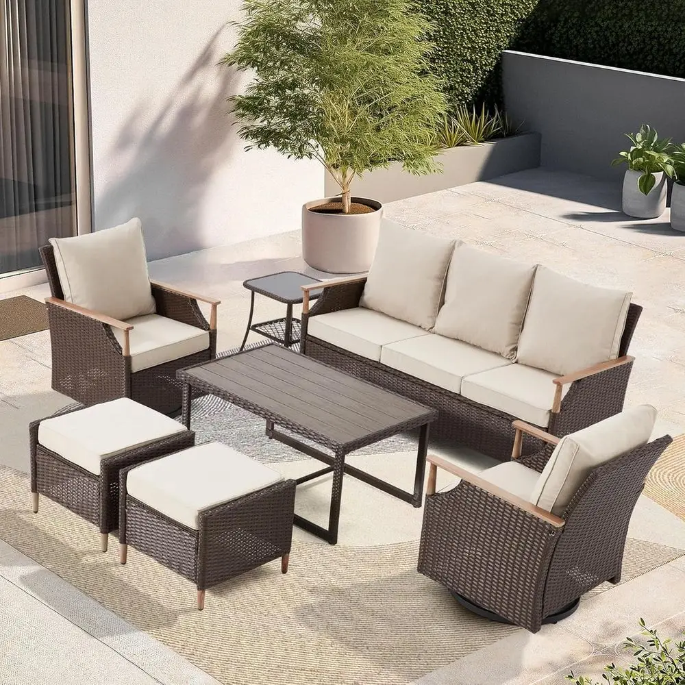 7-Piece Wicker Patio Furniture Set with Rocking Bistro, 3-Seater Sofa, Coffee Table, Glass Side Table, and 2 Ottomans for Garden