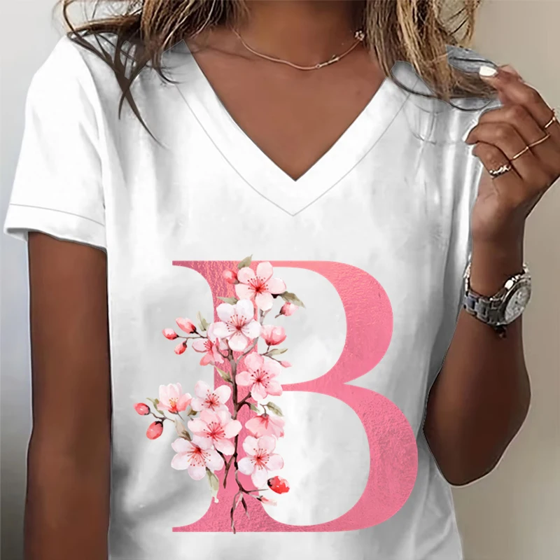 Pink Sakura Alphabet Graphic T Shirts Women A-Z 26 Alphabet Pink Flower Cartoon T-shirts Cherry Blossom Letters C Casual Tops
