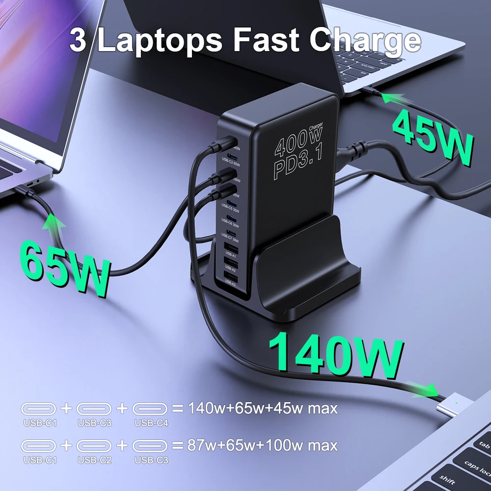 Ubigbuy 400W USB C Charger 10-Port Charging Station 140W Max Single Port PD 3.1 Fast Charger for MacBook Pro iPad iPhone Samsung