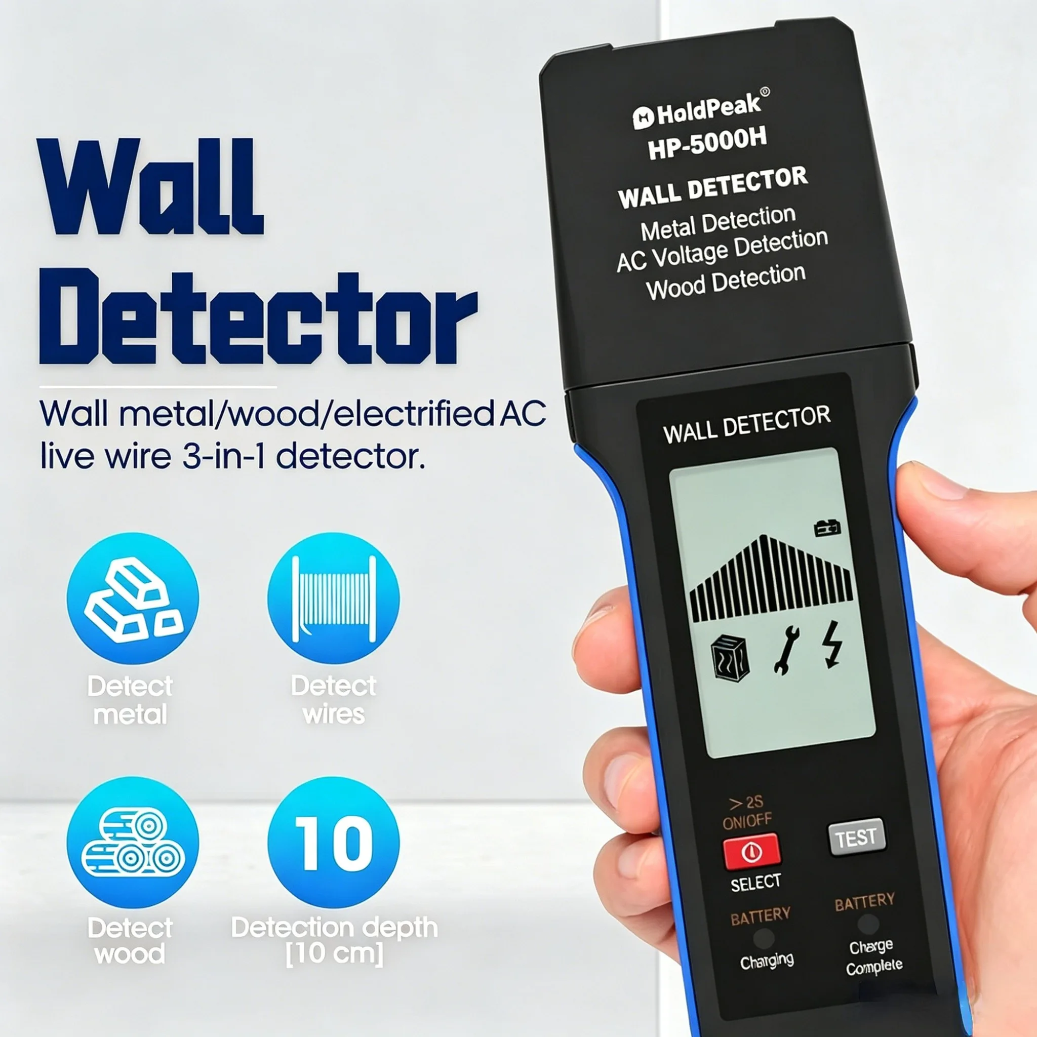

HP-5000H Multifunction Wall Scanner Stud Finder Metal Wood Live Wire Detector for Construction Home Inspection Concrete 10cm