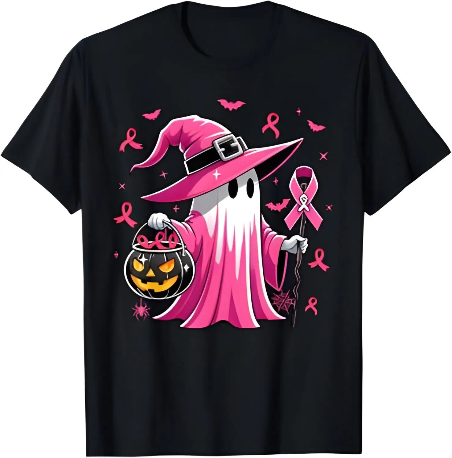 

Halloween Pink Ghost Witch Breast Cancer Awareness Women T-Shirt