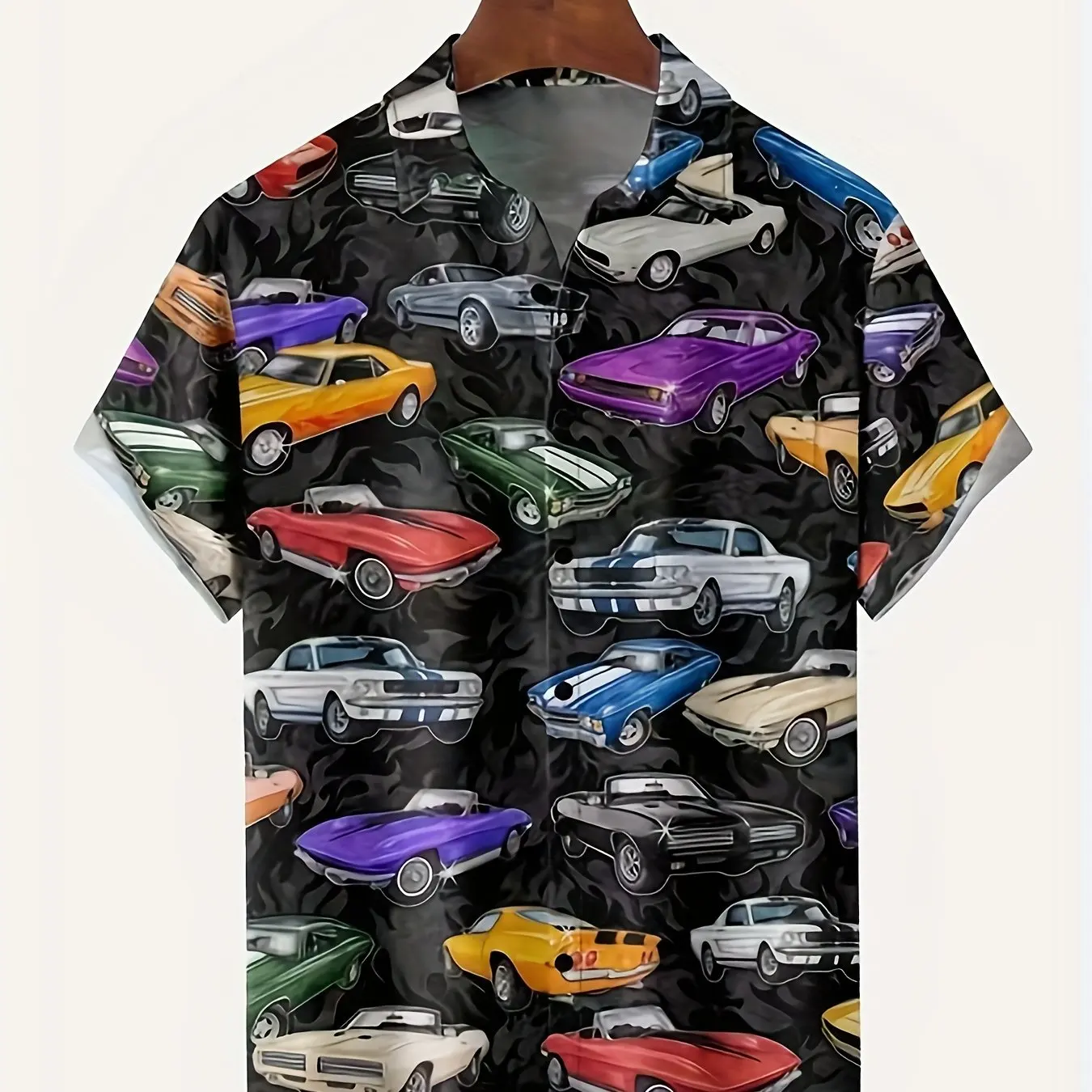 Sports car full print men's creative short sleeve button down shirt, men's summer streetwear