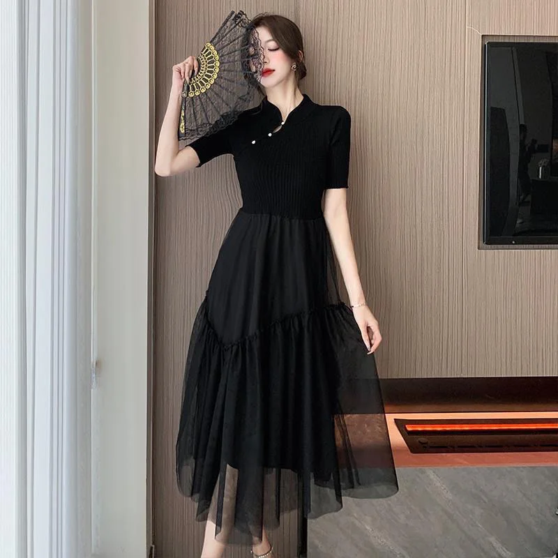 

Skirt Set 2023 Spring/summer New Style Wear High-waist Patchwork Cake Skirt Black Dress Women's Simple Casual