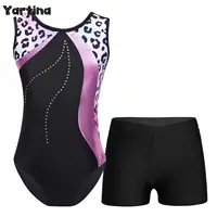 Mono de Ballet y gimnasia para niñas, Biketards, mono con pantalones cortos, leotardo de patinaje estampado con pantalones cortos con cintura frontal en V